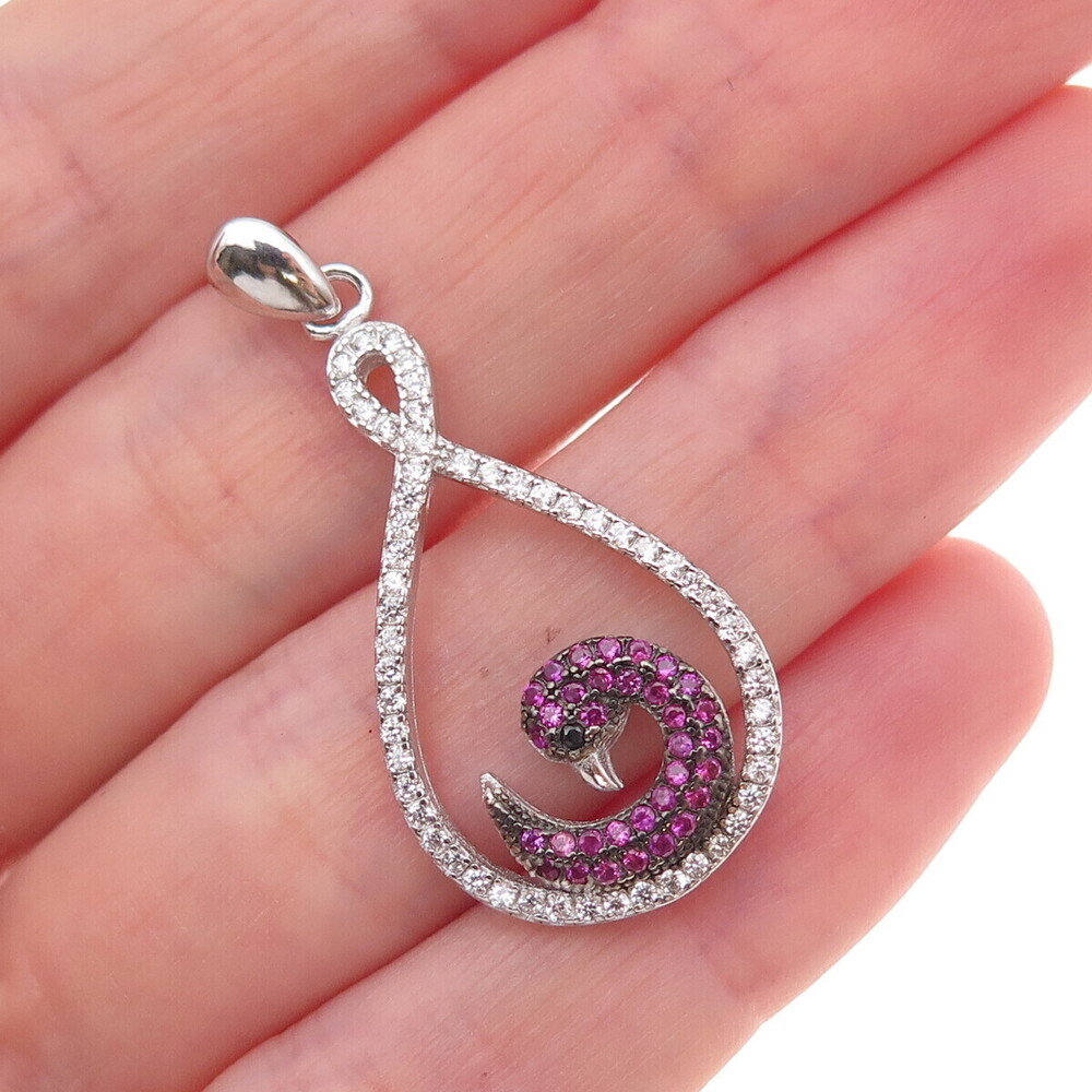 925 Sterling Silver Lab-Created Ruby Black & White C Z Swan Charm Pendant